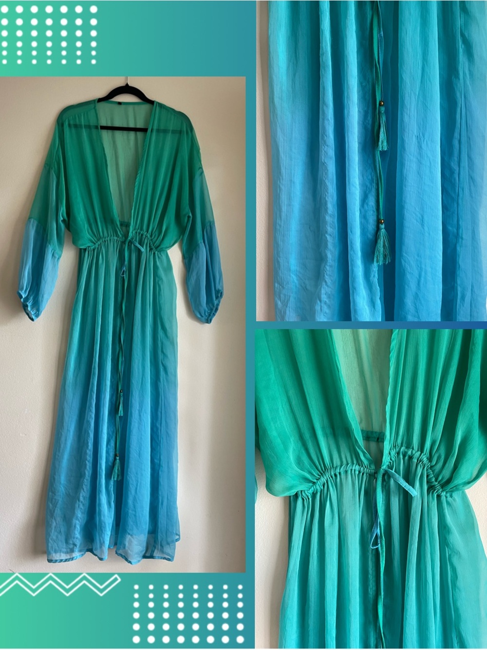 Fashion Nova Green and Blue Semi-Sheer Maxi Ombre Kimono Beach Cover Up
